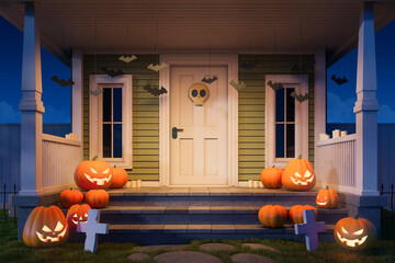 Halloween porch scene with carved pumpkins, skull door decor, hanging bats, and eerie lighting at night for spooky celebration concept. 3D Rendering