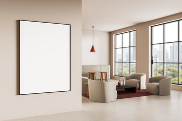 Modern interior design mockup with large vertical poster frame and city view through large windows in neutral-toned lounge setting. 3D Rendering