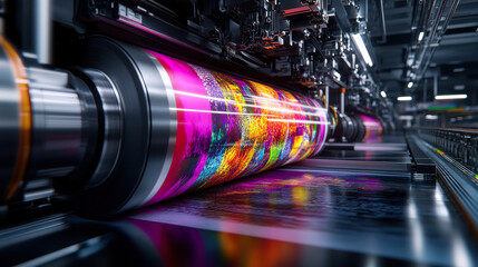 Vivid high-resolution magazines being produced on an advanced printing press with a sleek, polished modern design