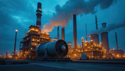 Industrial power plant complex at dusk with large generator. Towering smokestacks emit steam against dark blue sky. Brightly lit structures reveal intricate pipework, machinery, suggesting ongoing