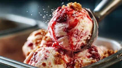 This image features a scoop of decadent ice cream melting with sweet syrup, topped with crunchy bits, illustrating indulgence and the delight of desserts in a tempting way.
