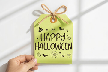Festive Halloween Gift Tag with Playful Icons and Happy Halloween Message on Bright Background