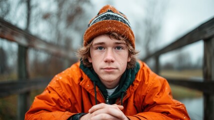 A thoughtful young man in an orange jacket sits pensively on a rainy day, showcasing contemplation and connection with nature amidst a blurred, moody background.