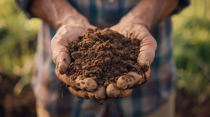 World Soil Day farmer holding soil in hands, agricultural sustainability, macro texture detail