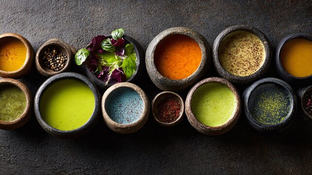 Stylized soup bar setup, multiple small soup shots in stone bowls, top-down with copy space