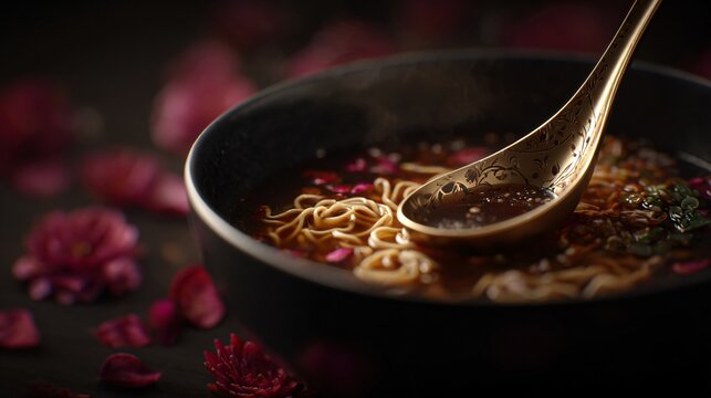 Stylized soup spoon hovering over black bowl of ramen, deep red florals scattered