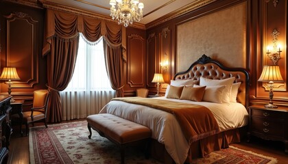 Luxurious hotel suite featuring plush bed with rich fabrics, ornate furnishings in warm, inviting tones. Elegant decor, including chandelier, gold accents, creates sophisticated, opulent ambience for