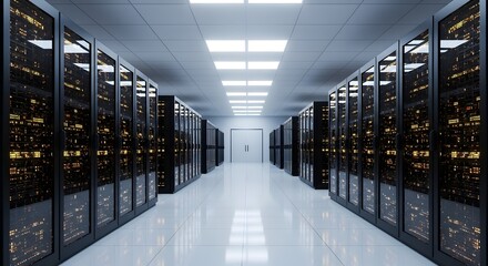 Gleaming server room corridor with illuminated racks creates a modern, high-tech data center atmosphere