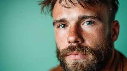 Obraz premium A close-up portrait of a man with a thick beard, piercing blue eyes, and freckles, set against a vibrant green background, capturing a moment of deep contemplation.