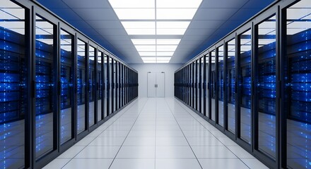 Futuristic data center hallway with rows of illuminated server racks, projecting advanced technology and digital infrastructure.