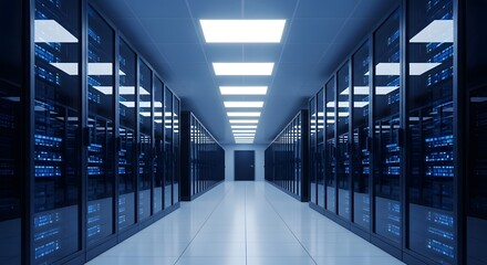 Explore a modern, sleek server room with rows of glowing blue data cabinets and bright overhead lighting, creating a futuristic digital space.