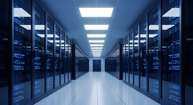 Explore a modern, sleek server room with rows of glowing blue data cabinets and bright overhead lighting, creating a futuristic digital space.