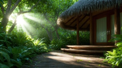 This tranquil image of a nature retreat highlights lush greenery and warm sunlight filtering through trees, inviting peace and relaxation in a serene outdoor setting.