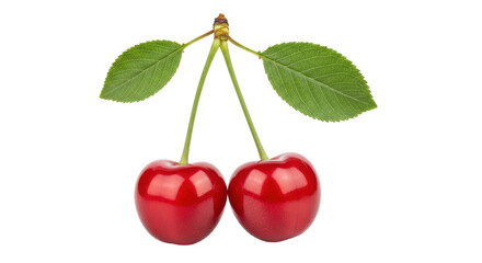 Isolated Pair of Red Cherries with Leaves
