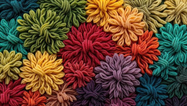 Colorful, textured, knotted fabric flowers in a rainbow of hues