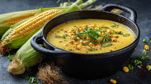 Sweet corn chowder in large blackened cast iron pot, with corn cobs and husks styled around on matte gray surface