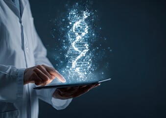 Futuristic Genetic Research Concept with Scientist and Glowing DNA Hologram.