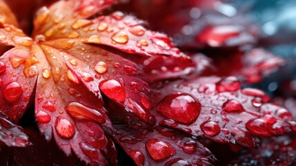 A stunning close-up of vibrant red autumn leaves adorned with droplets of water after rainfall, showcasing nature's beauty and the intricate details of the changing seasons.