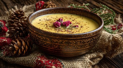 Textured autumn linen under spicy parsnip soup, with tiny rosebuds and pinecones