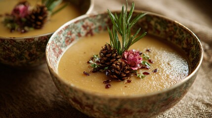 Textured autumn linen under spicy parsnip soup, with tiny rosebuds and pinecones