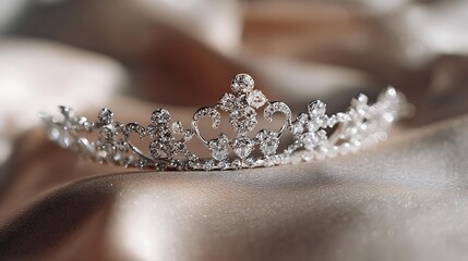 A stunning silver tiara adorned with sparkling gems, displayed elegantly on soft, silky fabric.