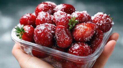 A close-up shot of fresh, juicy strawberries elegantly presented in a hand, sprinkled with sugar, showcasing their deliciousness and inviting appeal for any dessert lover.