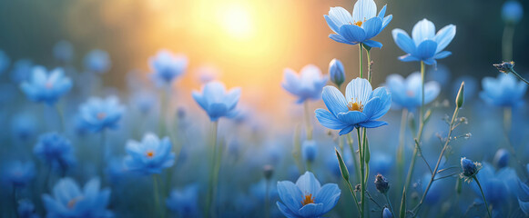 Vibrant blue flowers bloom in sun-drenched meadow. Delicate petals catch warm golden sunlight creating dreamlike atmosphere. Green leaves, stems surround blossoms in soft focus natural garden setting.