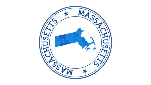 Massachusetts intro. Badge with the circular name and map of us state. Massachusetts round logo animation.
