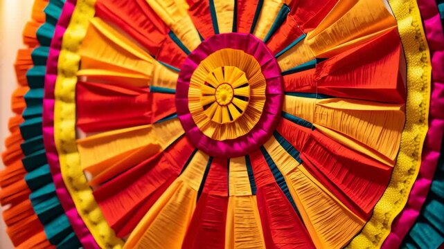 Colorful paper decorations at festival concept. Vibrant circular design featuring red, yellow, and blue hues for festive celebrations.