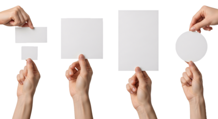 Multiple diverse hands holding various blank white paper shapes including rectangles and circles isolated on transparent background