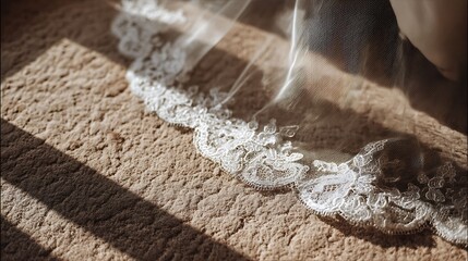 Delicate lace trim of a bridal veil on soft carpet, capturing the essence of elegance and romance in a serene setting.