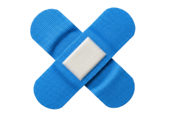 Two bright blue adhesive bandages crossed forming an x shape with a white sterile pad in the center isolated on transparent background