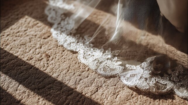 Delicate lace trim of a bridal veil on soft carpet, capturing the essence of elegance and romance in a serene setting.