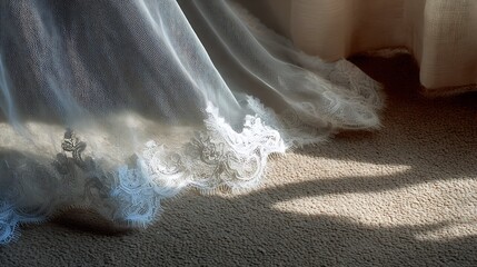 Delicate lace trim of a wedding dress softly illuminated by natural light.