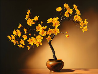 Chiaroscuro Elegance: Yellow Apricot Blossom Tet Vase