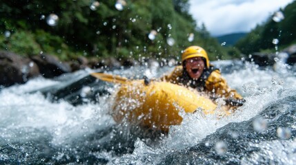 A thrilling moment captured in white water rafting, showcasing a person in an orange kayak navigating through splashing waves and enjoying the rush of adventure.