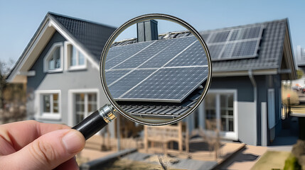 Magnifying glass inspects solar panels on modern house roof, symbolizing renewable energy investment and home efficiency assessment for a sustainable future. Ai Generated Images