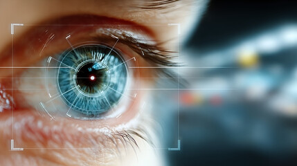Futuristic digital interface scans a piercing blue eye, symbolizing advanced technology, data security, and biometric identification for a modern world. Ai Generated Images