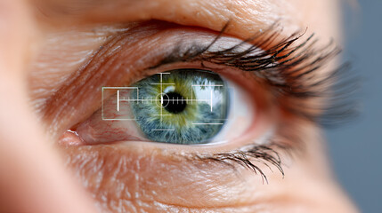 Discover futuristic vision technology with a detailed macro view of a human eye featuring a digital targeting reticle for advanced diagnostics and biometric scanning. Ai Generated Images