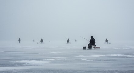 Winter ice fishing scene on frozen lake