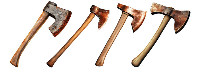 Set of old wooden handle axes isolated on white background
