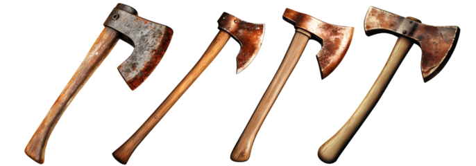 Set of old wooden handle axes isolated on white background
