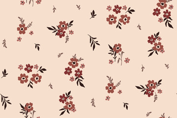 Seamless floral pattern, liberty ditsy print in autumn colors. Vintage rustic style botanical design of mini hand drawn plants, small flowers, tiny leaves, simple bouquets on beige Vector illustration © Yulya i Kot