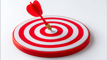 Perfectly struck dart hitting the bullseye on a classic red and white target board signifying precision and success in business. Ai Generated Images