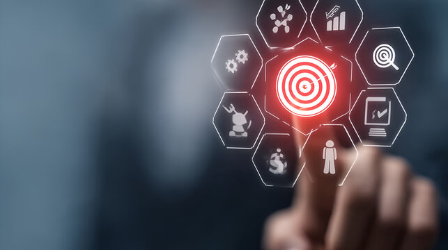 Strategic business planning and goal achievement visualized with interactive digital icons and a central target for success. Ai Generated Images