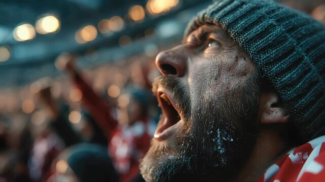 Passionate close-up of a soccer fan shouting and cheering enthusiastically, capturing excitement, loyalty, and raw emotion