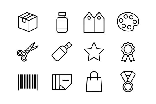 Line art icons A set of 12 minimalist line icons featuring package, bottle, tag, palette, and star.