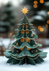 Paper Christmas tree in winter landscape.