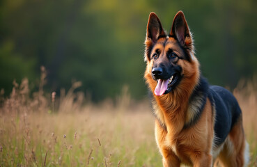 Majestic German Shepherd dog stands in grassy field with golden brown fur, black markings. Alert ears, panting tongue, happy expression. Outdoor portrait captures canine companion in natural