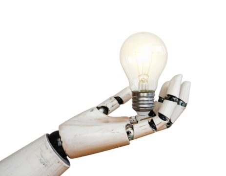 i robot hand holding lightbulb on isolated transparent background